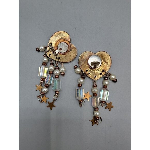 Floral Heart Dangling Faux Pearl Clip-on Earrings Irridescent Bead Stars Vintage - Picture 10 of 11